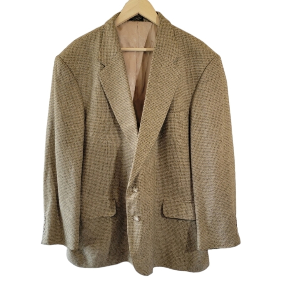 VTG Oscar Dela Renta Wool Silk Blazer Size 46R Beige Houndstooth Single Breasted